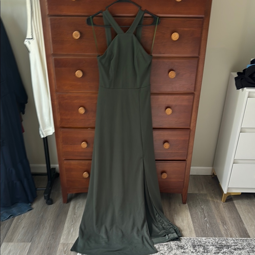 Birdy Grey Olive Green bridesmaid front crossing Maxi Gown